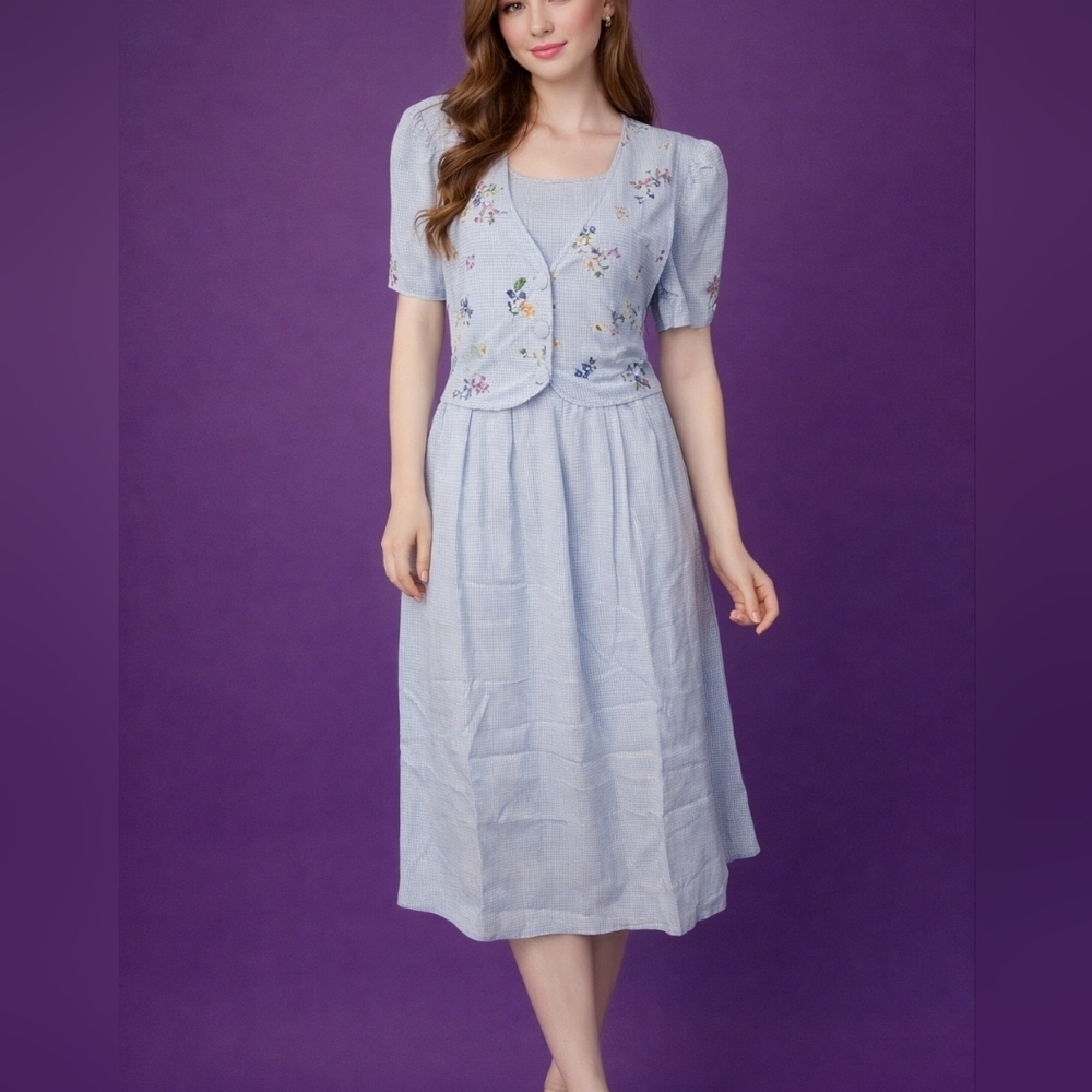 ANOTHER THYME 1980s Icy Blue Floral Gingham Tie Back Coquette Land Girl Dress